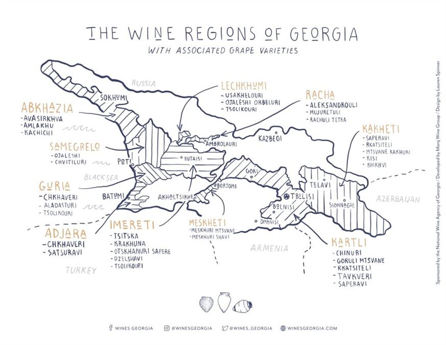 La geografia del vino georgiano, su una mappa creata dalla National Wine Agency of Georgia (Credits: winesgeorgia.com)
