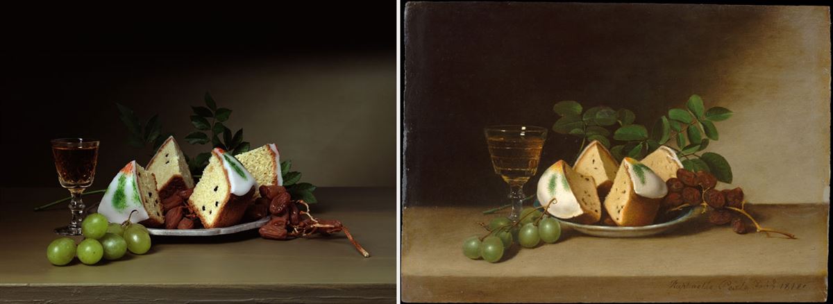 Arte a confronto: a sinistra: la fotografa Sharon Core, Early American, Tea Cakes and Sherry.
A destra: il dipinto di Raphaelle Peale, Still Life with Cake