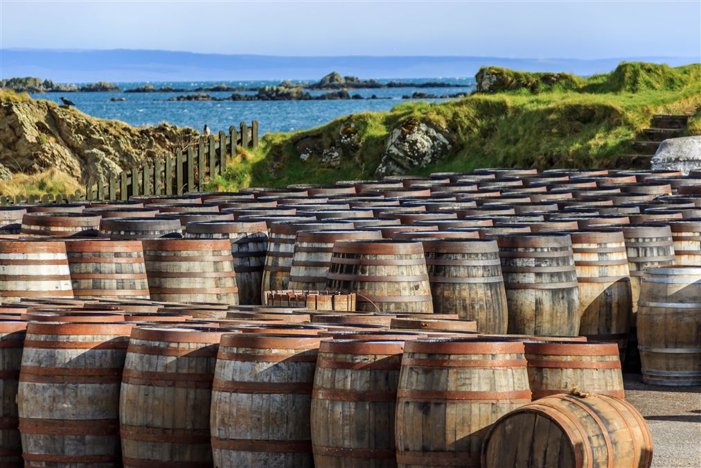 Barili di whisky allineati sull'isola di Islay, in Scozia. Potete immaginare panorama più bello?